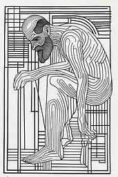 Midjourney generated image using SREF code Prismatic Pulse: A black and white drawing of a man sitting on a chair.