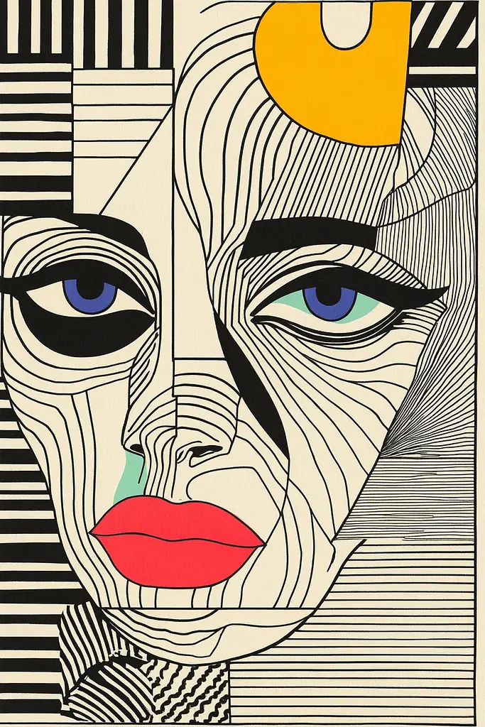 Midjourney generated image using SREF code Prismatic Pulse: A black and white drawing of a woman's face with blue eyes.