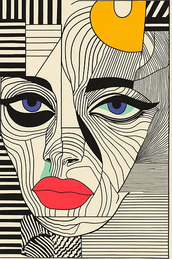 Midjourney generated image using SREF code Prismatic Pulse: A black and white drawing of a woman's face with blue eyes.