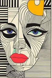 Midjourney generated image using SREF code Prismatic Pulse: A black and white drawing of a woman's face with blue eyes.