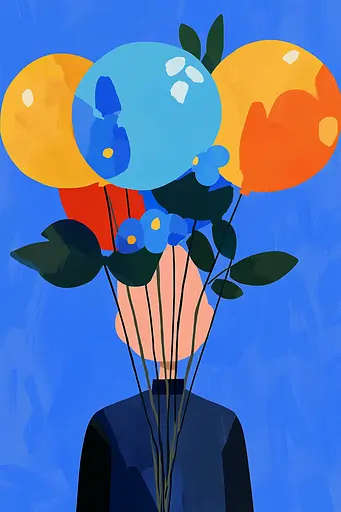 Midjourney generated image using SREF code Color Drift: A painting of a person holding a bunch of balloons.