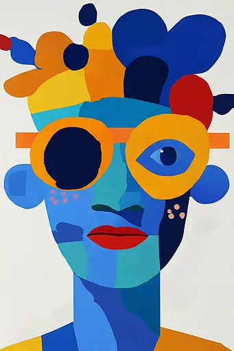 Midjourney generated image using SREF code Color Drift: A painting of a woman with colorful glasses on her head.