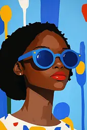 Midjourney generated image using SREF code Color Drift: A painting of a woman wearing blue sunglasses.