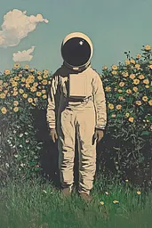 Midjourney generated image using SREF code Revered Flare: A man in an astronaut suit standing in a field of flowers.