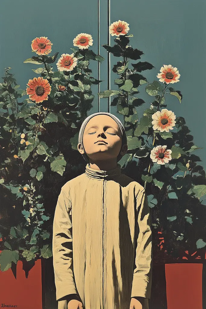 Midjourney generated image using SREF code Revered Flare: A painting of a boy standing in front of a bunch of flowers.