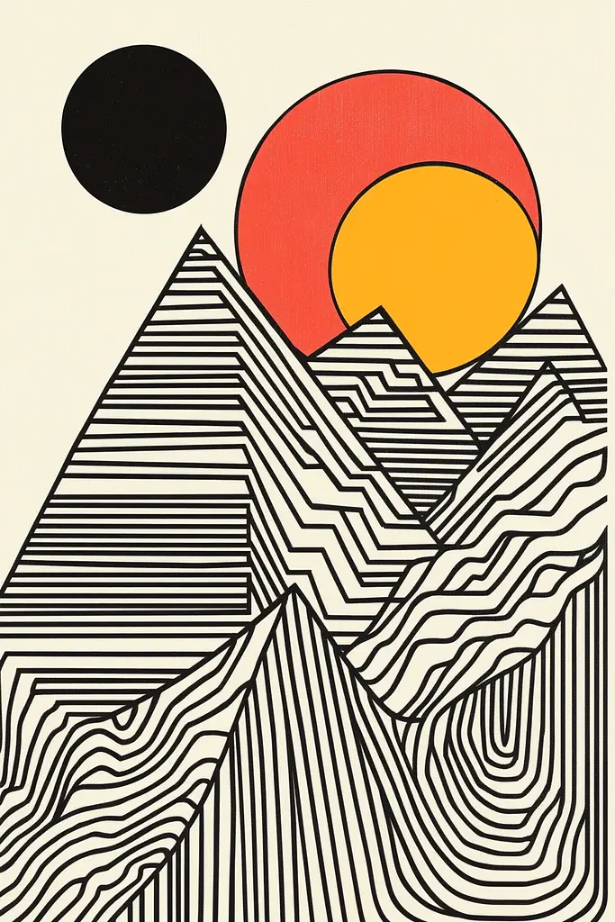 Midjourney generated image using SREF code Prismatic Pulse: A black and white illustration of a mountain range with a sun in the background.