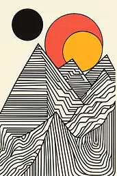 Midjourney generated image using SREF code Prismatic Pulse: A black and white illustration of a mountain range with a sun in the background.