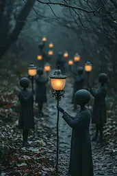 Midjourney generated image using SREF code Veil of Illusions: A group of people holding lanterns in a dark forest.