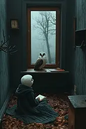 Midjourney generated image using SREF code Veil of Illusions: A person sitting in front of a window with an owl on the window sill.