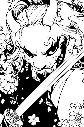 Midjourney generated image using SREF code Skullquill: A black and white illustration of a demon holding a sword.