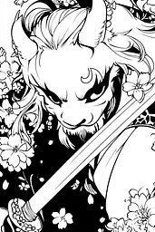 Midjourney generated image using SREF code Skullquill: A black and white illustration of a demon holding a sword.