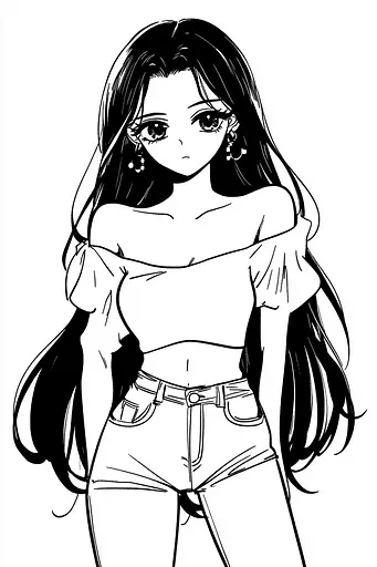 Midjourney generated image using SREF code Skullquill: A drawing of a girl with long black hair.
