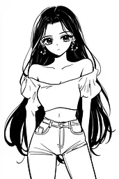 Midjourney generated image using SREF code Skullquill: A drawing of a girl with long black hair.