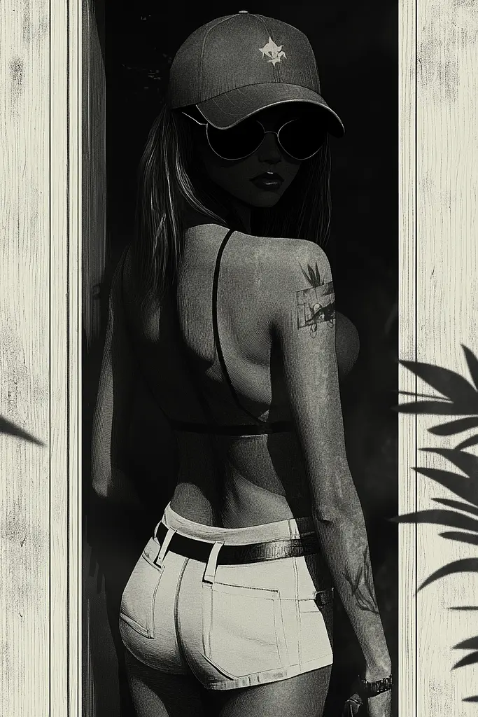 Midjourney generated image using SREF code Opaque Lenses: A black and white photo of a woman wearing a baseball cap and sunglasses.