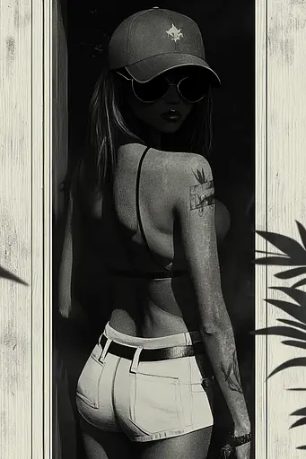 Midjourney generated image using SREF code Opaque Lenses: A black and white photo of a woman wearing a baseball cap and sunglasses.