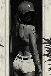 Midjourney generated image using SREF code Opaque Lenses: A black and white photo of a woman wearing a baseball cap and sunglasses.
