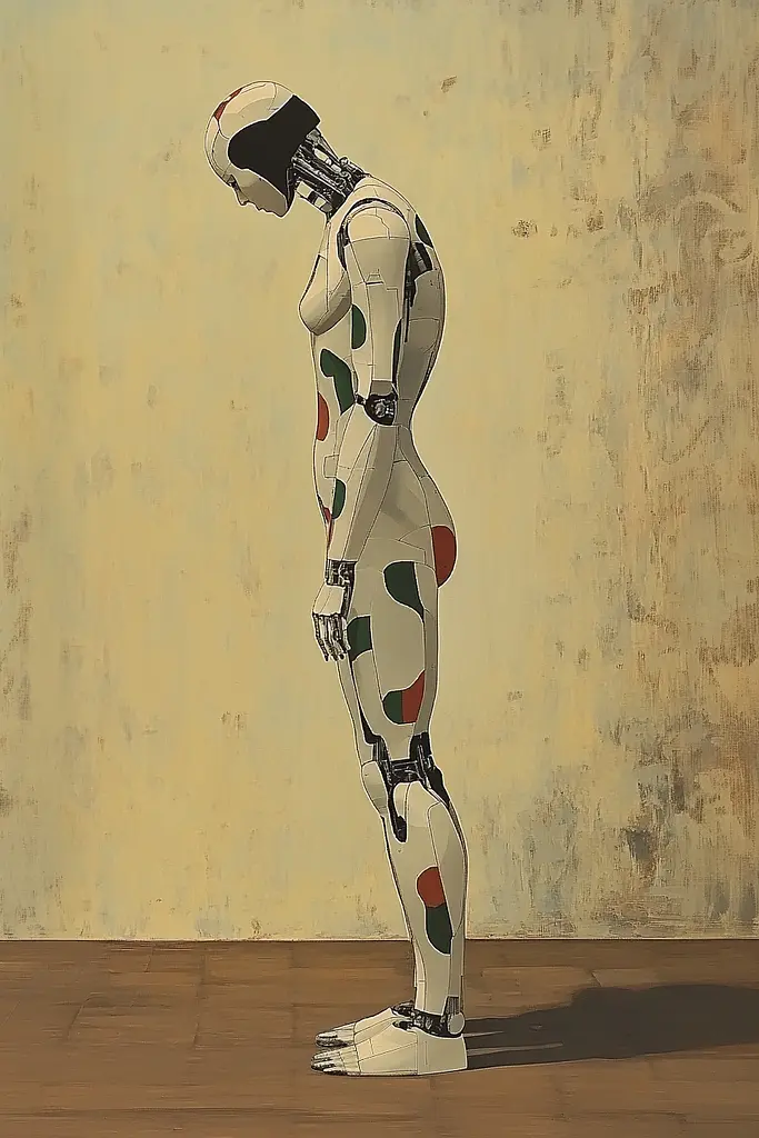 Midjourney generated image using SREF code Revered Flare: A painting of a mannequin standing in front of a wall.