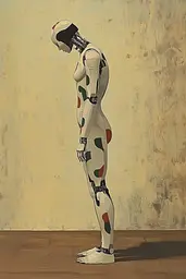 Midjourney generated image using SREF code Revered Flare: A painting of a mannequin standing in front of a wall.