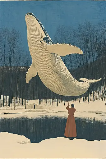 Midjourney generated image using SREF code Revered Flare: A woman standing in front of a large whale in the snow.