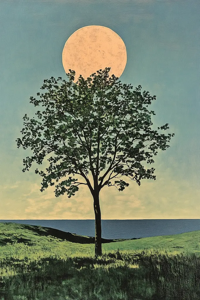 Midjourney generated image using SREF code Revered Flare: A painting of a lone tree in a grassy field with a full moon in the background.