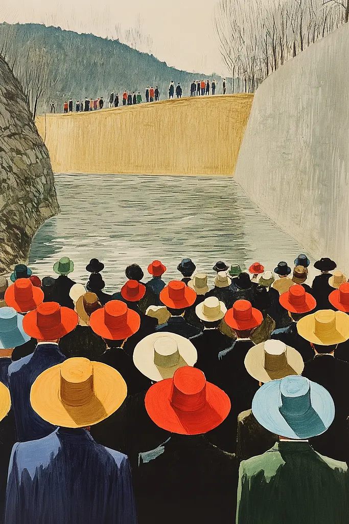 Midjourney generated image using SREF code Revered Flare: A painting of a crowd of people wearing hats by a river.