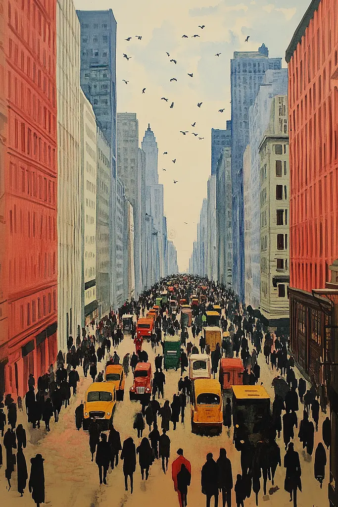 Midjourney generated image using SREF code Revered Flare: A painting of a busy city street filled with people and cars.