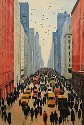 Midjourney generated image using SREF code Revered Flare: A painting of a busy city street filled with people and cars.