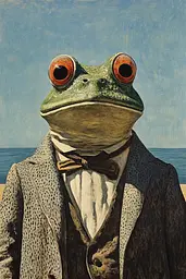 Midjourney generated image using SREF code Revered Flare: A painting of a frog wearing a suit and bow tie.