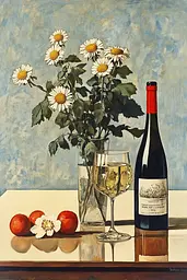 Midjourney generated image using SREF code Revered Flare: A painting of flowers and a bottle of wine on a table.