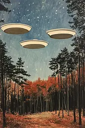 Midjourney generated image using SREF code Revered Flare: A painting of three flying saucers in a forest.