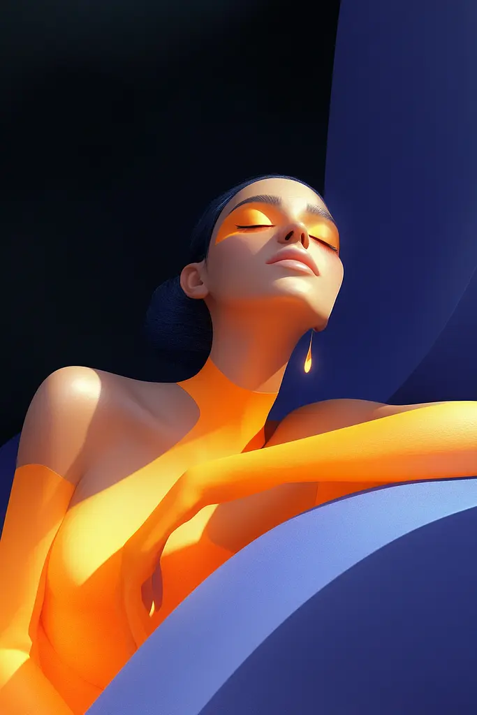 Midjourney generated image using SREF code Luminous Embrace: A woman in an orange bodysuit sitting on a blue chair.