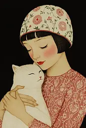 Midjourney generated image using SREF code Dreamscape Botanica: A woman holding a white cat in her arms.