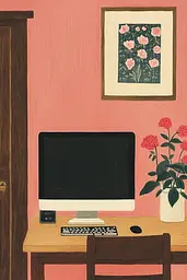 Midjourney generated image using SREF code Dreamscape Botanica: A painting of a desk with a computer and a vase of flowers.