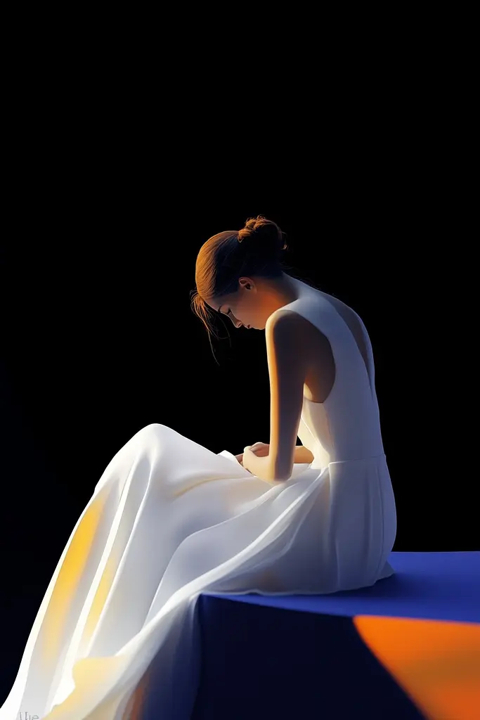 Midjourney generated image using SREF code Luminous Embrace: A woman in a white dress sitting on a blue and orange surface.