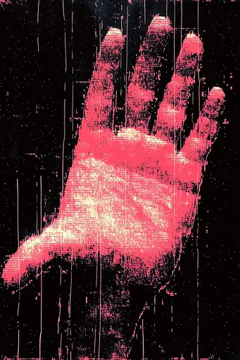 Midjourney generated image using SREF code Glitching Allure: A red handprint on a black background. 