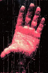 Midjourney generated image using SREF code Glitching Allure: A red handprint on a black background. 