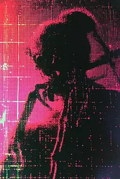 Midjourney generated image using SREF code Glitching Allure: A silhouette of a man with dreadlocks standing in front of a microphone.