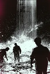 Midjourney generated image using SREF code Glitching Allure: A group of people standing in front of a waterfall.