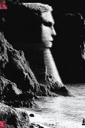 Midjourney generated image using SREF code Glitching Allure: A black and white image of a man standing in front of a cliff.