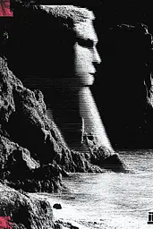 Midjourney generated image using SREF code Glitching Allure: A black and white image of a man standing in front of a cliff.