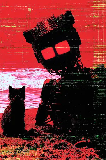 Midjourney generated image using SREF code Glitching Allure: A black cat sitting next to a robot on a beach.