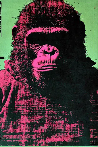 Midjourney generated image using SREF code Glitching Allure: A poster of a gorilla on a green background.