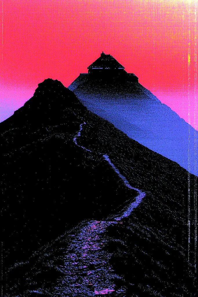 Midjourney generated image using SREF code Glitching Allure: A mountain with a path going up the side of it.