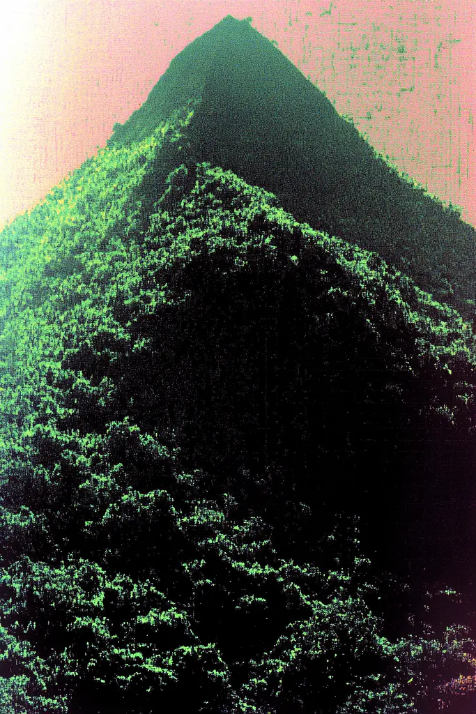 Midjourney generated image using SREF code Glitching Allure: A green and pink image of a mountain with trees.