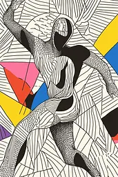 Midjourney generated image using SREF code Prismatic Pulse: A black and white drawing of a woman dancing.