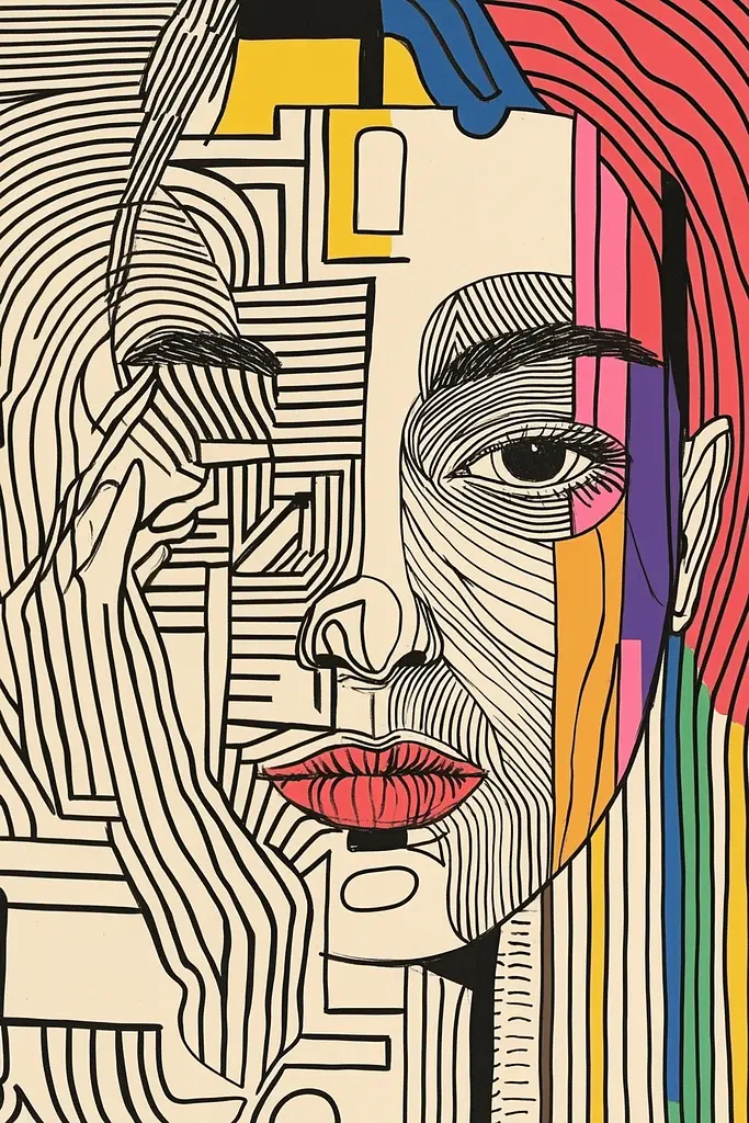 Midjourney generated image using SREF code Prismatic Pulse: A drawing of a woman's face on a piece of paper.