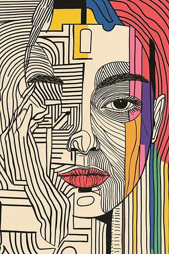 Midjourney generated image using SREF code Prismatic Pulse: A drawing of a woman's face on a piece of paper.