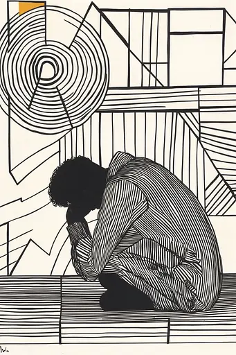 Midjourney generated image using SREF code Prismatic Pulse: A black and white drawing of a man kneeling on the ground.