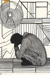 Midjourney generated image using SREF code Prismatic Pulse: A black and white drawing of a man kneeling on the ground.