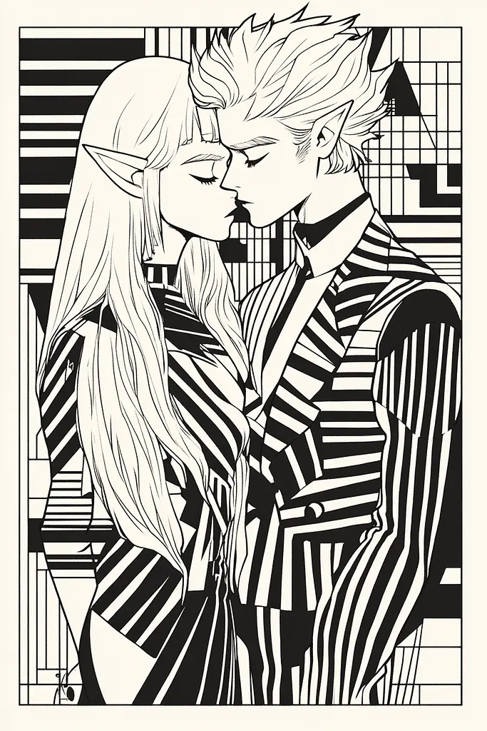 Midjourney generated image using SREF code Prismatic Pulse: A black and white drawing of a man and a woman kissing.